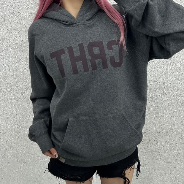 칼하트 버건디 로고 차콜 후드 L