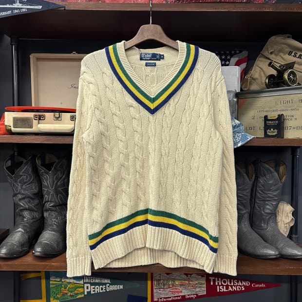 90s 폴로 랄프로렌 핸드니트 컬러라인 케이블 크리켓 스웨터 N1167