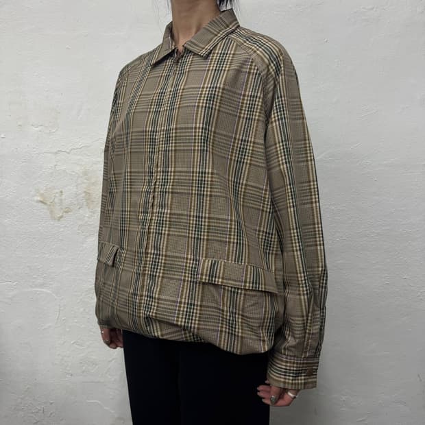 빔즈 베이지 믹스 체크 패턴 폴리에스터 혼방 스트랩 집업 블루종 자켓 