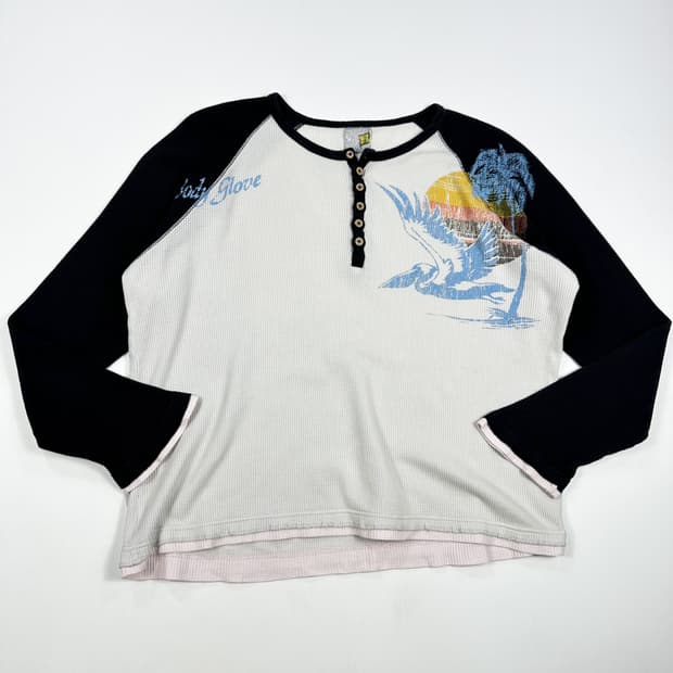 VTG 빈티지 그래픽 여성 와플 헨리넥 슬리브 여성L