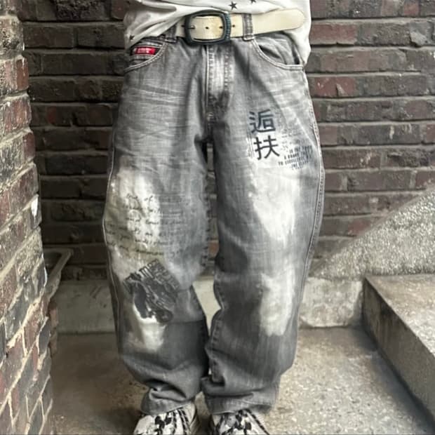 빈티지 워싱 그레이 와이드 데님