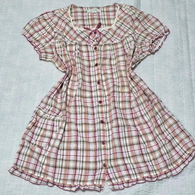 핑크라떼갸루st 체크 레이스리본셔링 레이어드원피스