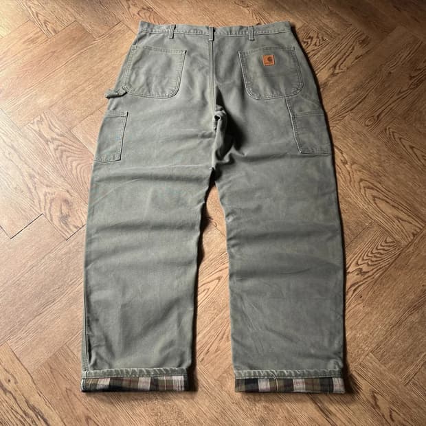 [38]칼하트 USA 체크 라이닝 모스그린 싱글니 카펜터 워크 팬츠