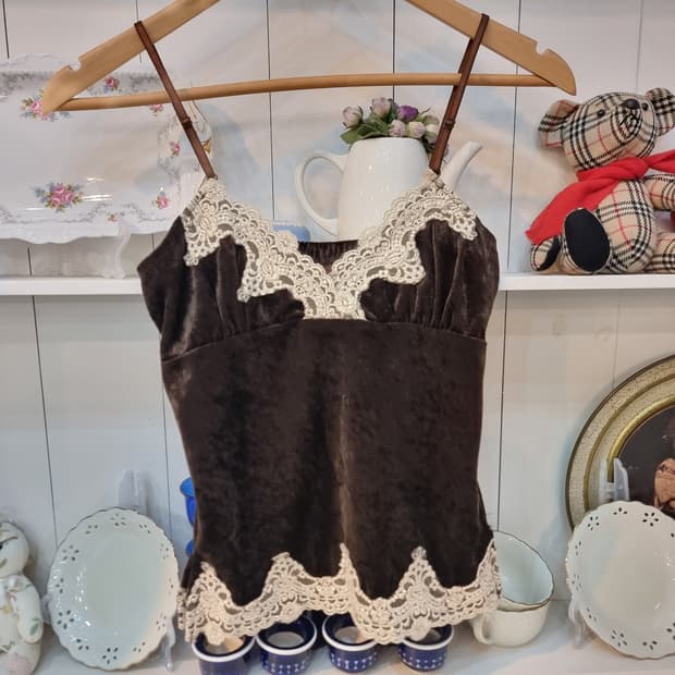 초콜릿 브라운 벨벳 레이스 슬립탑