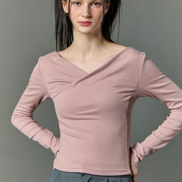 시티팝즈 드레이프 브이넥 긴팔티 핑크