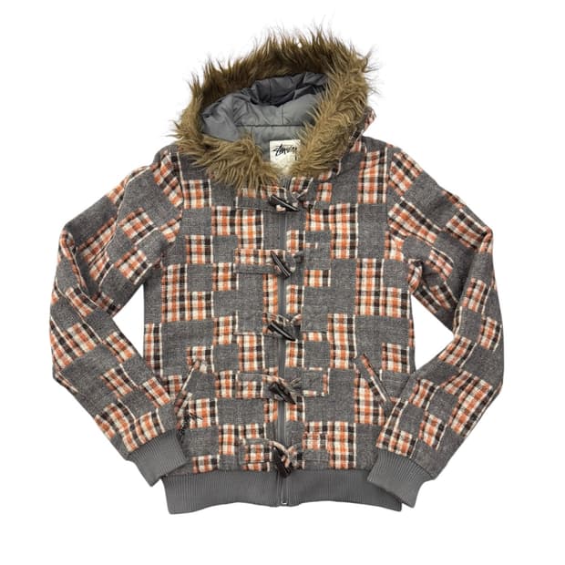 스투시 걸즈 체크 패디드 퍼 자켓 그레이/오렌지