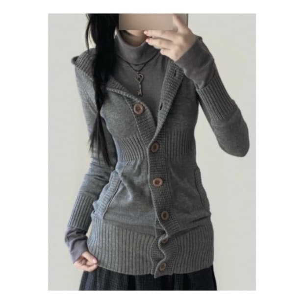 빈티지 버튼 후드 가디건