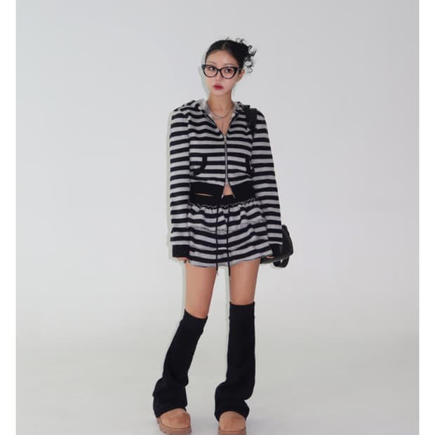 스트라이프 캉캉 치마바지 후드집업 셋업