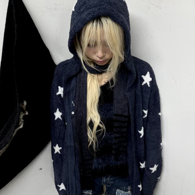  Star Print Fleece Over Fit Hoodie Zip U