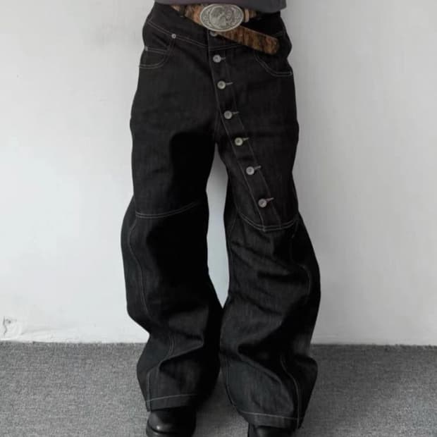 하이웨스트 롱버튼 생지 와이드 팬츠