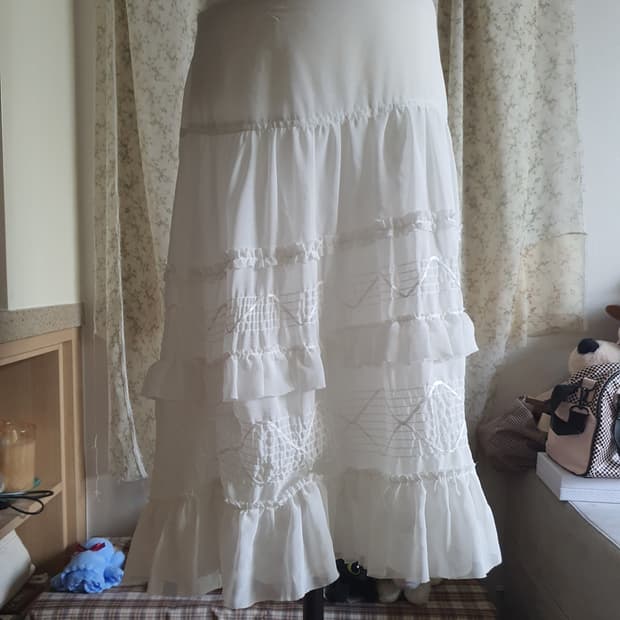 [빈티지] 지뢰계 화이트 캉캉 롱 스커트 프릴 레이스