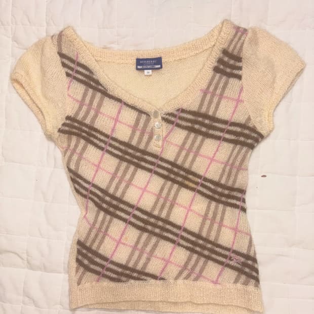 라떼갸루 빈티지 버버리 블루라벨 딸기초코 체크 반팔 니트 히메갸루 stc