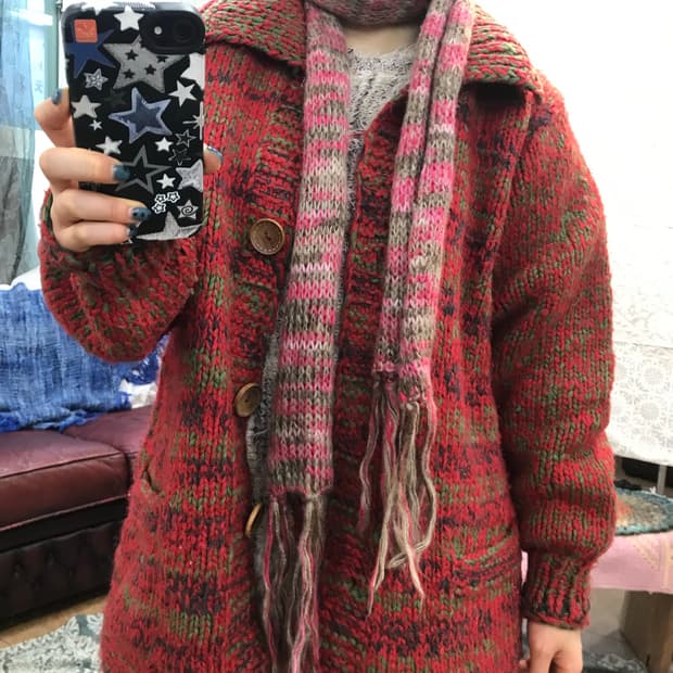 빈티지 핑크 브라운 배색 스트라이프 머플러 목도리 