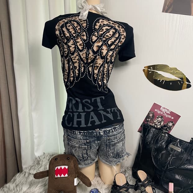 Gyaru y2k 호피 날개 레터링 반팔티 탑