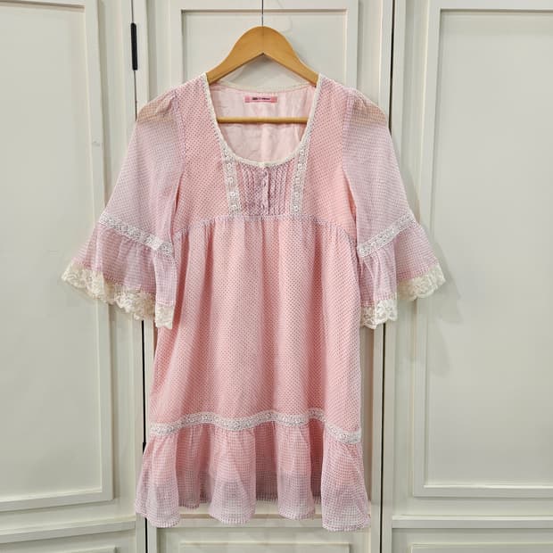 핑크 도트 레이스 튜닉블라우스 미니원피스