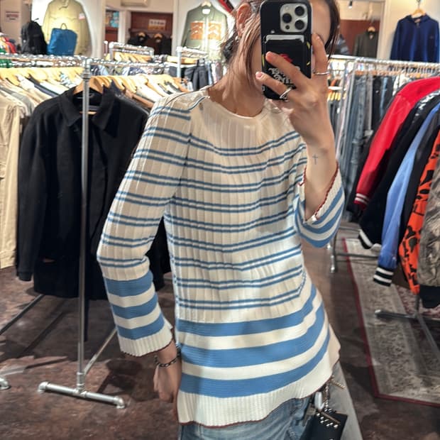 한섬 시스템 은장 스트라이프 패턴 7부 니트 긴팔티