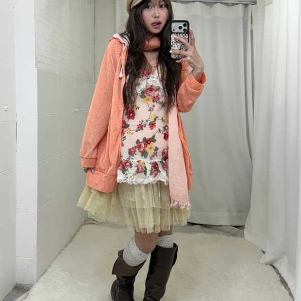 자몽 코랄핑크 플라워패턴 하구미 후드집업코디세트