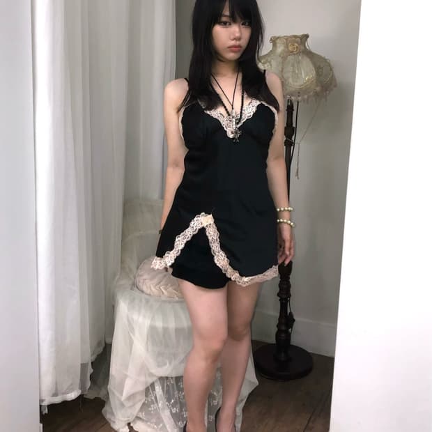 black satin pink lace trimed slip dress