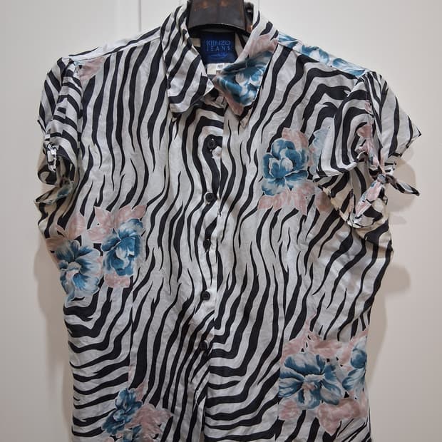 KENZO JEANS 지브라 플라워 패턴 리본 블라우스 40