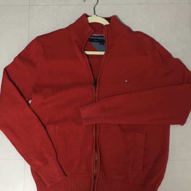 타미힐피거-코튼 헤비 립 크림슨 풀집업 가디건 레드(L)