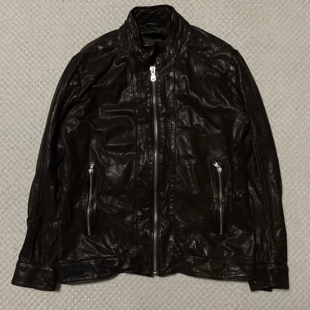 웨스턴 무드 배지터블 램스킨 양가죽 절개 레더 자켓 다크 브라운