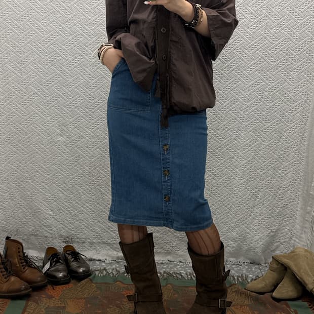 빈티지 스프링 캐주얼 버튼 빅포켓 데님 롱스커트 K0035