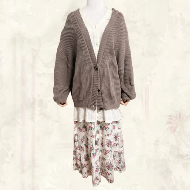 (이체시에눌) 일본 모리걸 크루빈티지 봄맞이 브라운 플라워 코디세트 