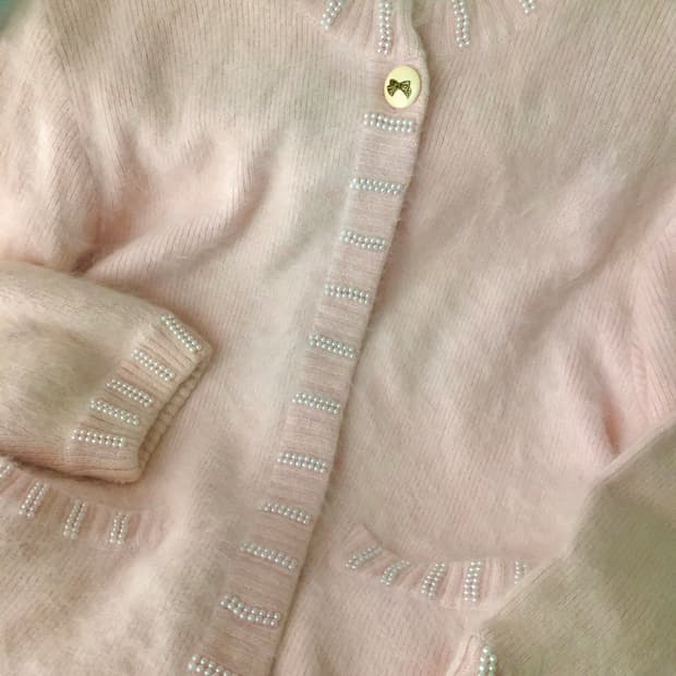 일본빈티지 뽀용핑크 진주 가디건 울 앙고라 핀터깔 히메갸루