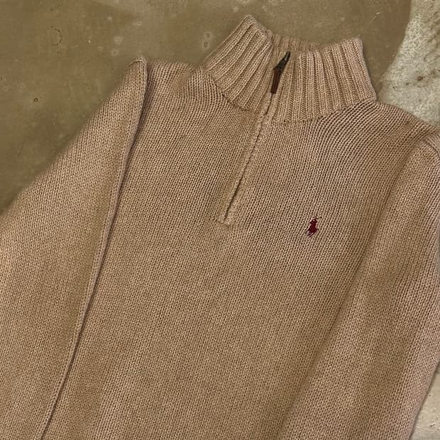 폴로랄프로렌 베이지 코튼 반집업 니트