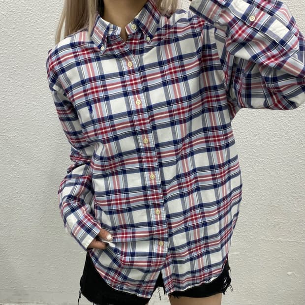 폴로 랄프로렌 네이비포니 레드체크 셔츠 M