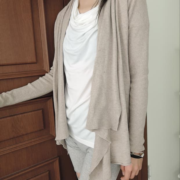 Beige Draped Open-Front Knit Cardigan