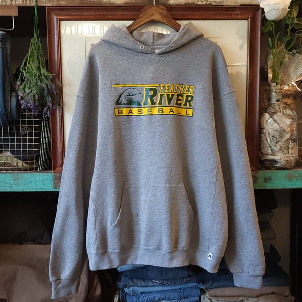90s 러셀 후드 스웻셔츠 리버 빈티지 레터링 그레이XL