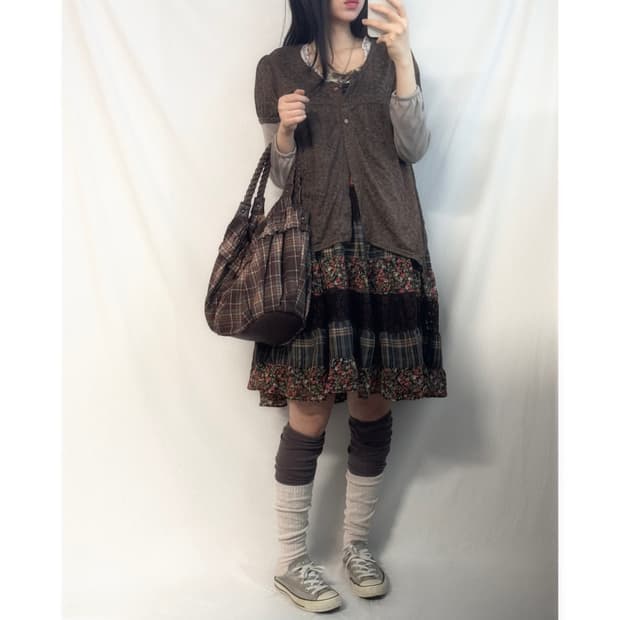 하프 버튼 가디건 리본 레이어드 패치 워크 원피스 3pcs SET