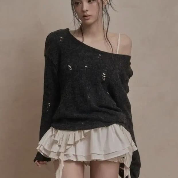 카키포인트 데미지 펀칭 니트 차콜 Damage Knit Charcoal