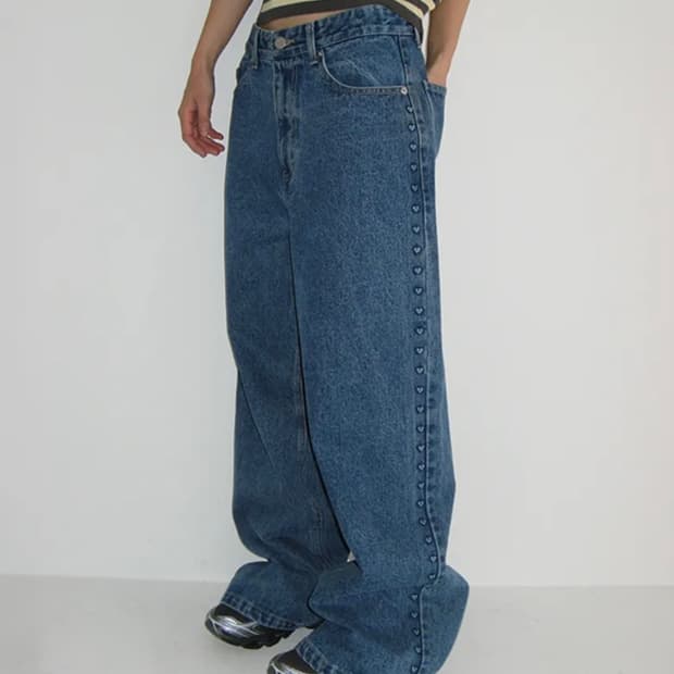 SIDE HEART EMBO WIDE DENIM PANTS MEDIUM 