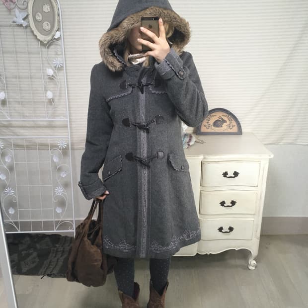 Axe Femme 후드 퍼 떡볶이 코트 그레이