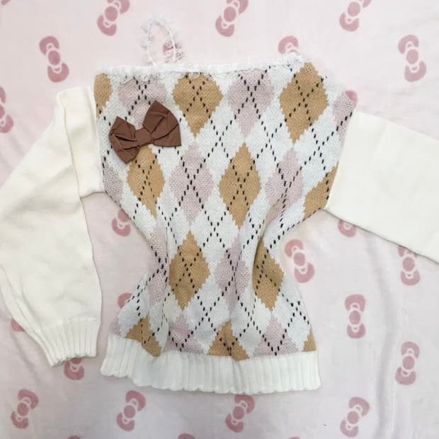 리즈리사st 아가일 리본 라떼갸루 프릴 오프숄더 니트 빈티지 히메갸루