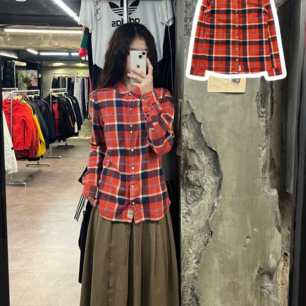 타미힐피거 버튼 체크 셔츠 레드 M #csz2079