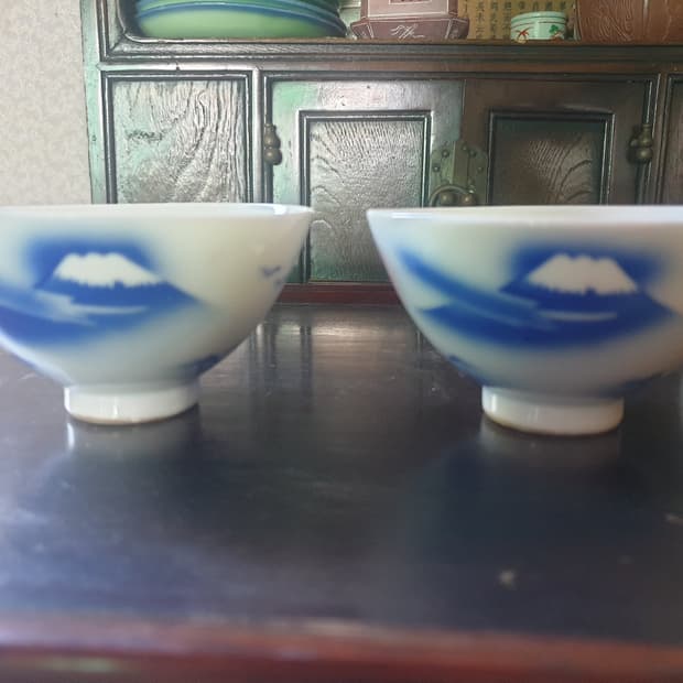 [빈티지/골동] 일본풍 후지산 청화 도자기 찻잔/공기 2점 세트


