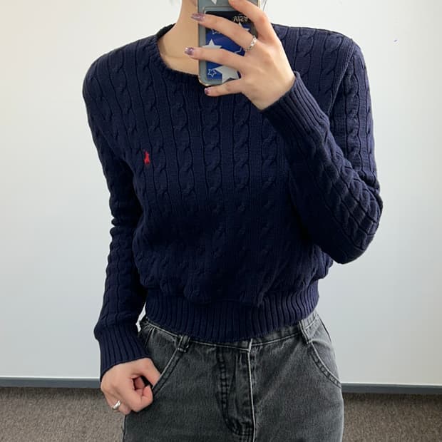 Polo 폴로 레드포니 네이비 크롭케이블 니트