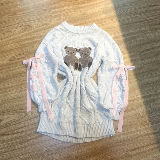 빈티지 곰 리본 폼폼 니트 원피스 히메갸루 로걀 라떼 모리걸 페어리 고딕