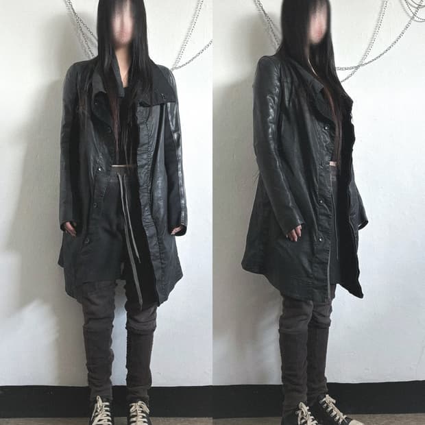 릭오웬스 하이넥 드레이프 왁스코튼 레더슬리브 코트