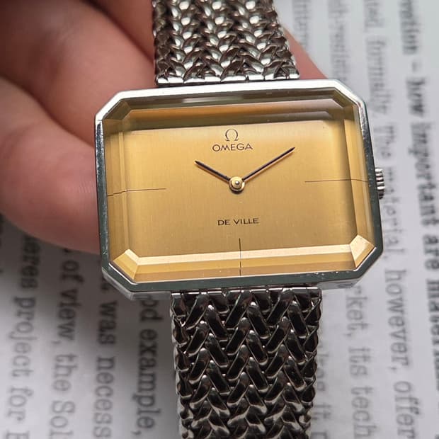 레어] 빈티지 오메가 드빌 사각탱크 샴골판 각유리 남성용 브레이슬릿 ve