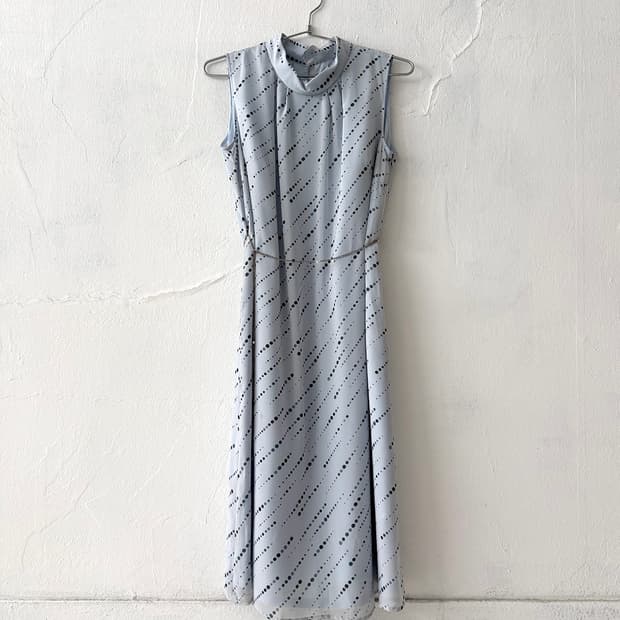 Sky Blue Dot Long Dress with Chain Belt