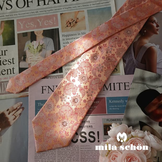 밀라숀 실크 살구 페이즐리 패턴 넥타이 9.4cm A+등급 A19403
