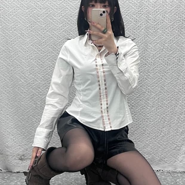 버버리 빈티지 페미닌 화이트크림 노바체크 셔츠 XL C11877