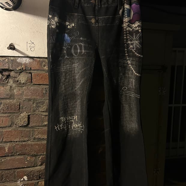 2000s JPN 고딕 트롱프뢰유 프린팅 블랙 팬츠