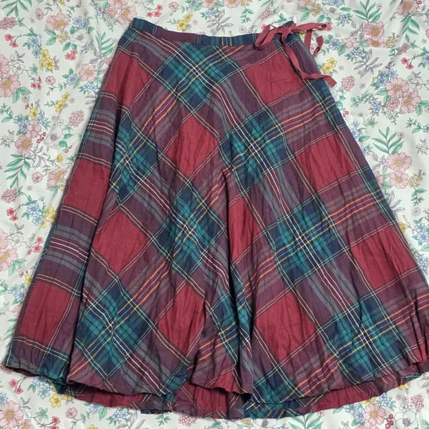 일본빈티지)스즈코모리걸 90s00s 레드x그린 체크 리본 로맨틱 스커트