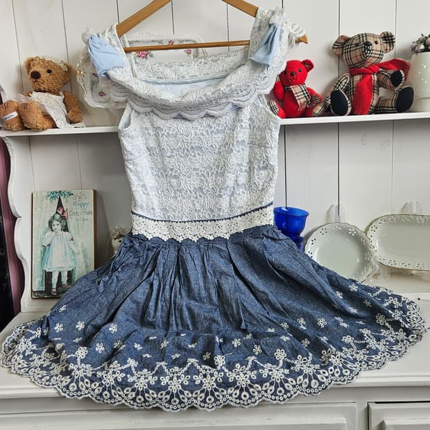 리즈리사오프숄더  레이스 데님 배색 원피스