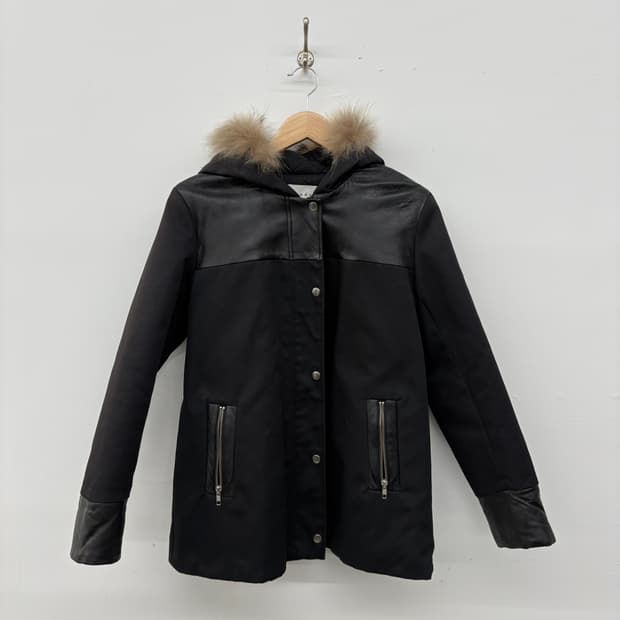 산드로 블랙 후드 퍼 트리밍 가죽 자켓 여/M
